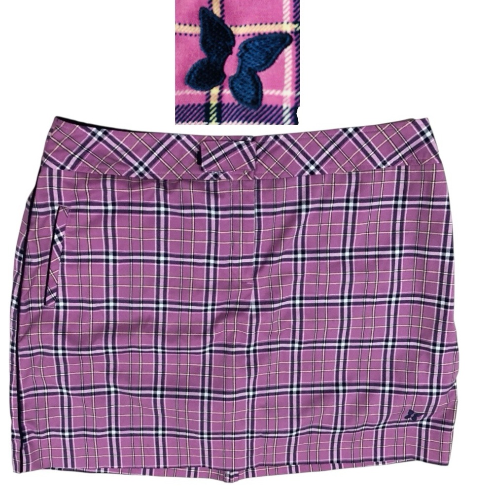 Bette & Court Skirt Skort Purple/Pink Plaid Print Golf Tennis Zip Pockets Sz 14